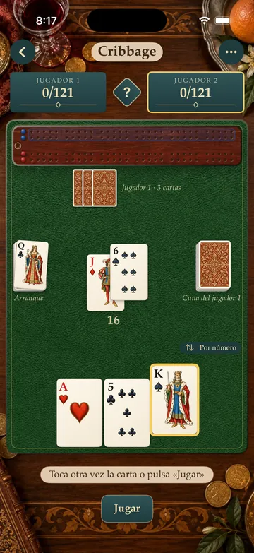 Cribbage: pegboard and cards on a green felt