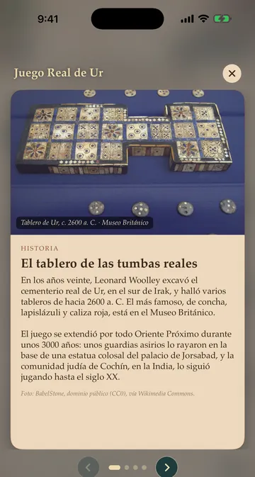 History card for the Royal Game of Ur: “The Board from the Royal Tombs,” with a photo of the board in the British Museum