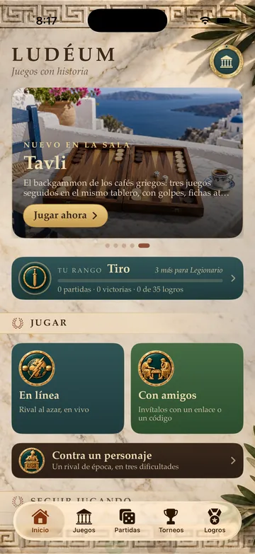 Ludéum's home screen: “New in the Hall: Tavli,” your rank, and the buttons to play online, with friends or against a character