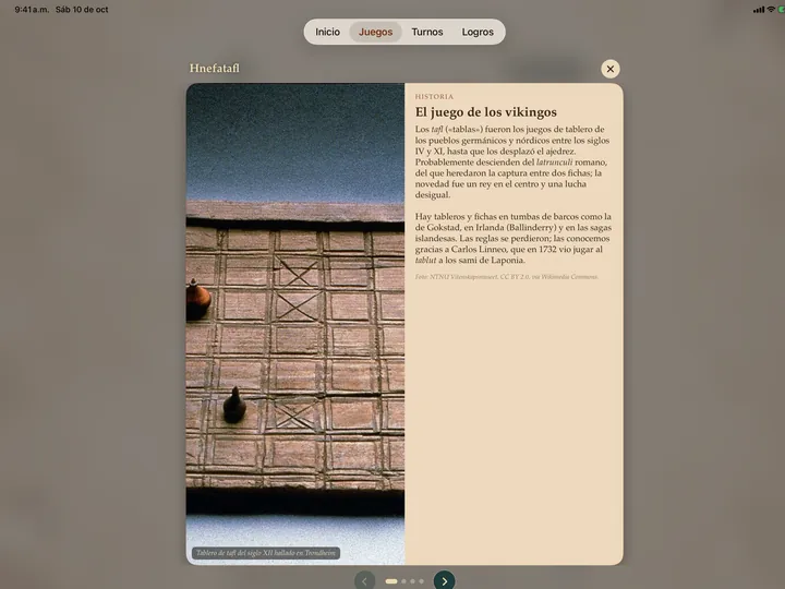 Ludéum on iPad: History card for Hnefatafl, “The Game of the Vikings”