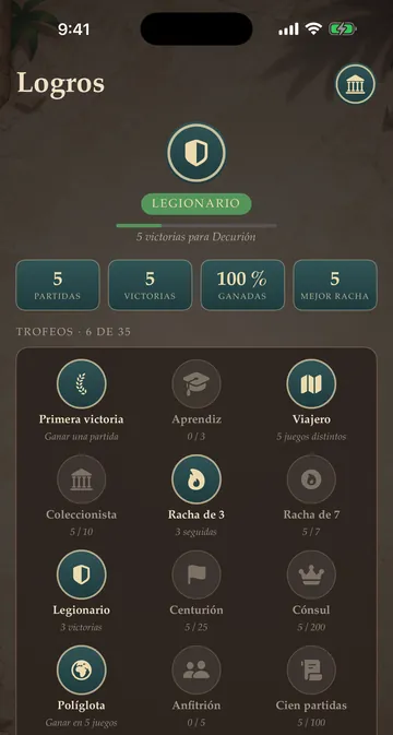 Achievements screen in dark mode, with trophies and statistics