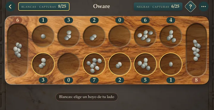 Oware in dark mode, wooden board