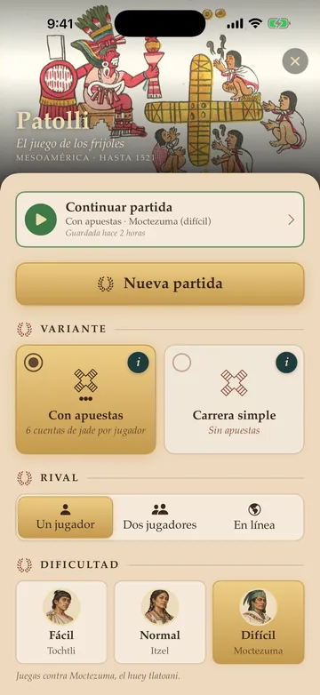 Setting up a game of Patolli: variant, rival and difficulty, with portraits of Tochtli, Itzel and Moctezuma
