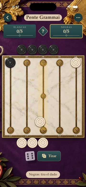 Pente Grammai on a marble board with gold lines