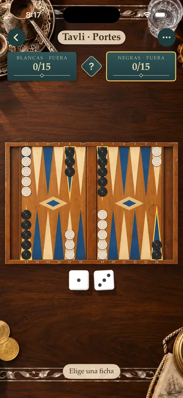 Tavli · Portes with white dice on wood