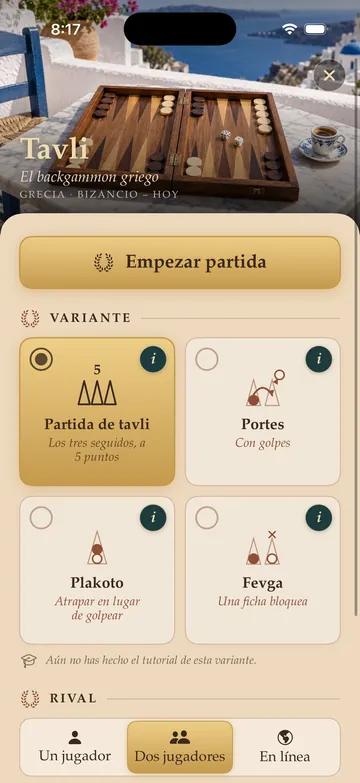 Choosing a Tavli variant: Tavli match, Portes, Plakoto or Fevga