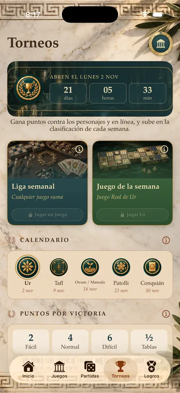 Tournaments screen: countdown, Weekly League, Game of the Week and calendar