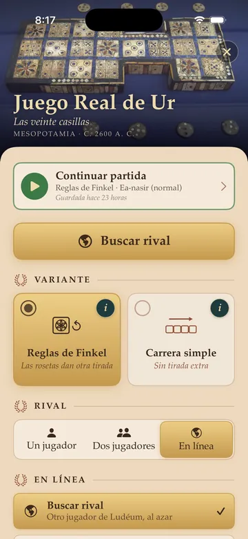 Royal Game of Ur card with the “Find a Rival” button and the Online option
